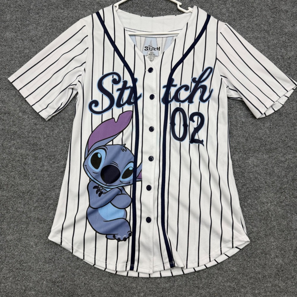 Disney Stitch Baseball Jersey Medium 8-10 White Pinstripe Ohana Means Family 02